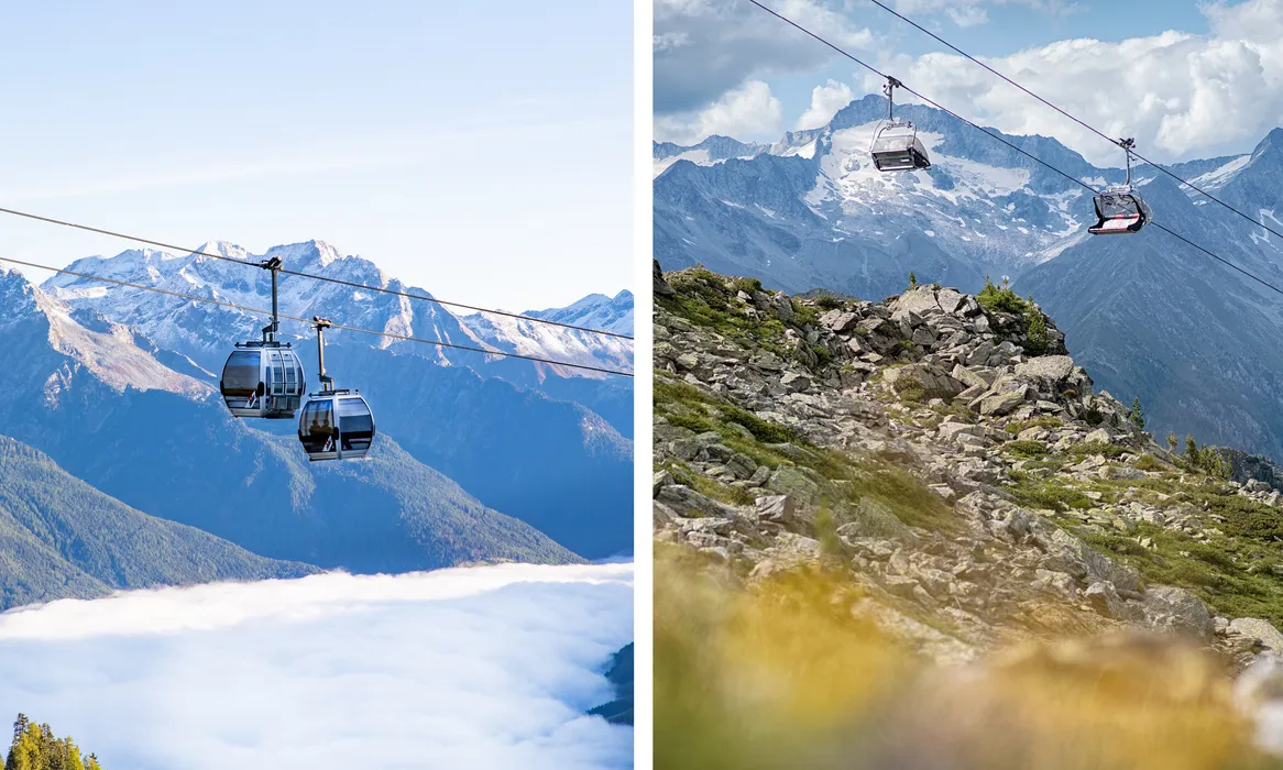 Cable car gondolas at Klausberg above a sea of fog and snow-capped peaks