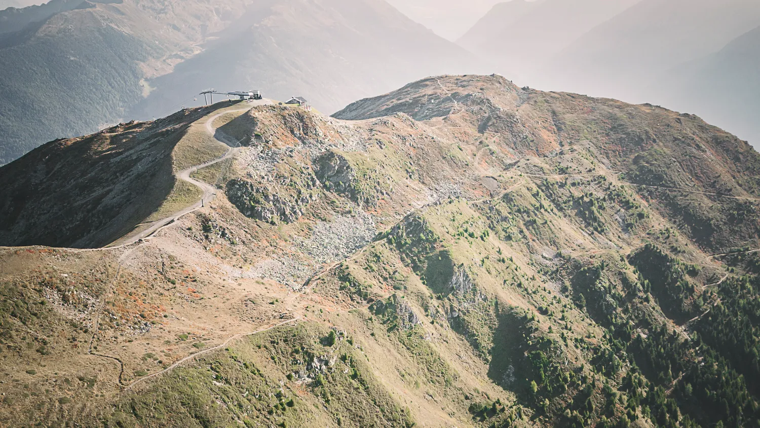 Mountain ridge at Klausberg with summit station from aerial view