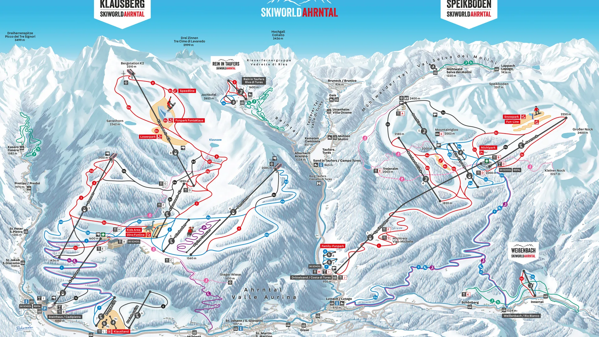 Piste map of Skiworld Ahrntal showing ski areas Klausberg, Speikboden and all lifts