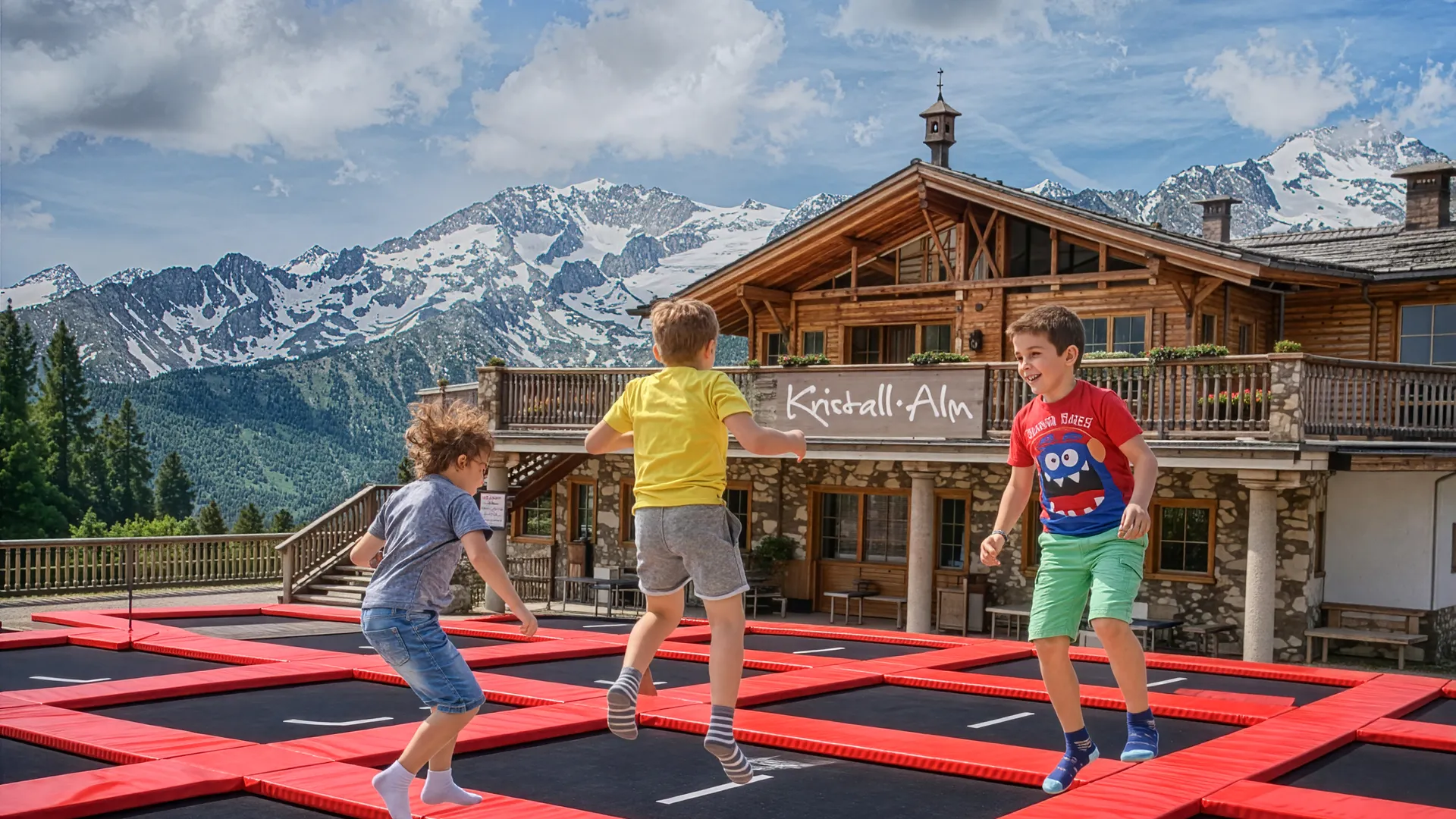 Children jumping on trampoline at Kristall-Alm on Klausberg