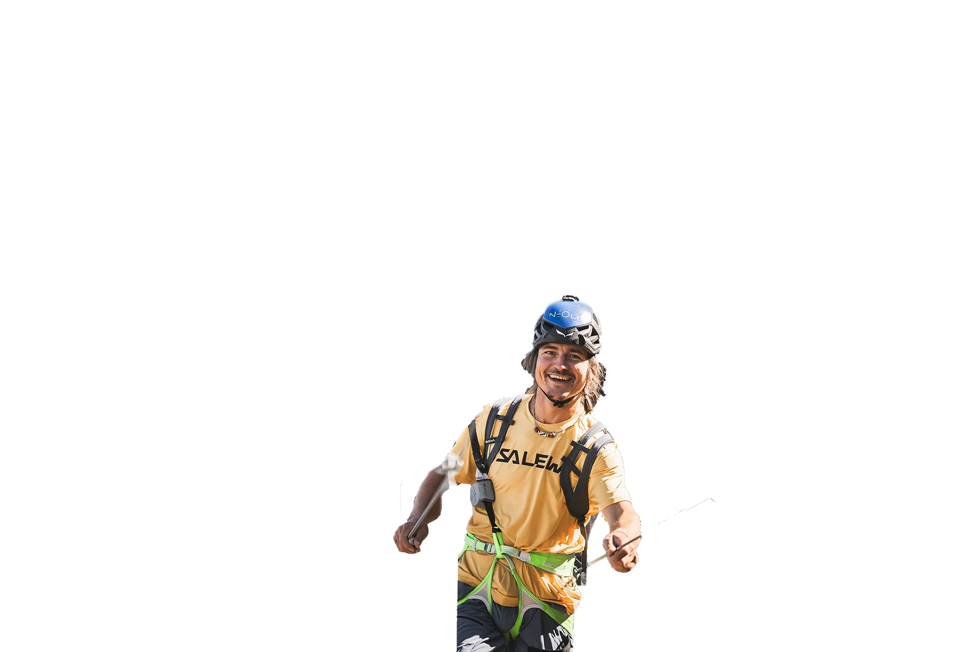 Via ferrata hiker with blue helmet and ferrata set, adventure experience in Ahrntal South Tyrol