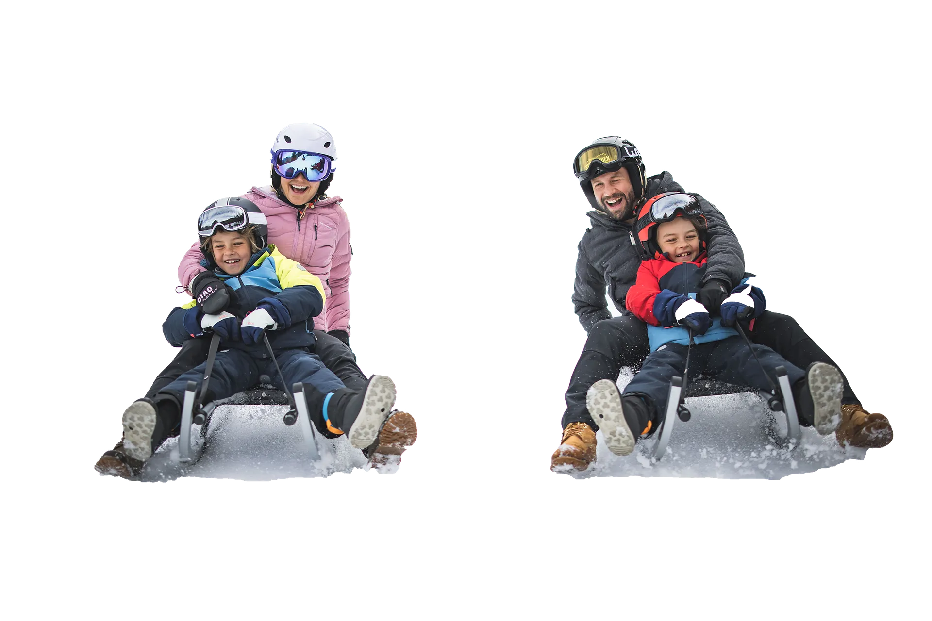 Father and daughter sledging at Klausberg ski resort – snowy slope with mountain panorama in Ahrntal