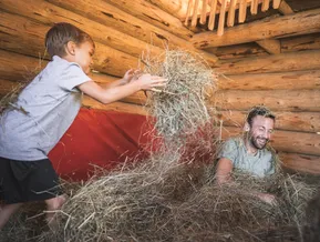 Vater und Sohn haben Spaß beim Spielen im Heu in einer Almhütte