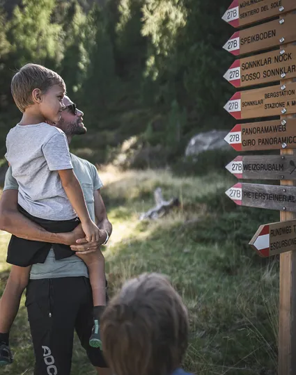 Family at hiking signpost at Speikboden with destinations Sonnklar, Panoramaweg and Weizgrubalm