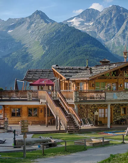 Kristall-Alm at Klausberg, traditional South Tyrolean mountain hut with view of the Zillertal Alps
