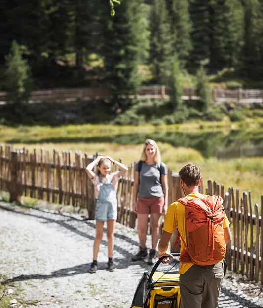 Family with child trailer on natural path at mountain lake with wooden fence and conifer forest in Ahrntal